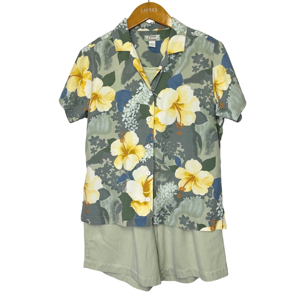 Vintage Tommy‎ Bahama Shirt and Short Set Silk Green Floral XS/S/8